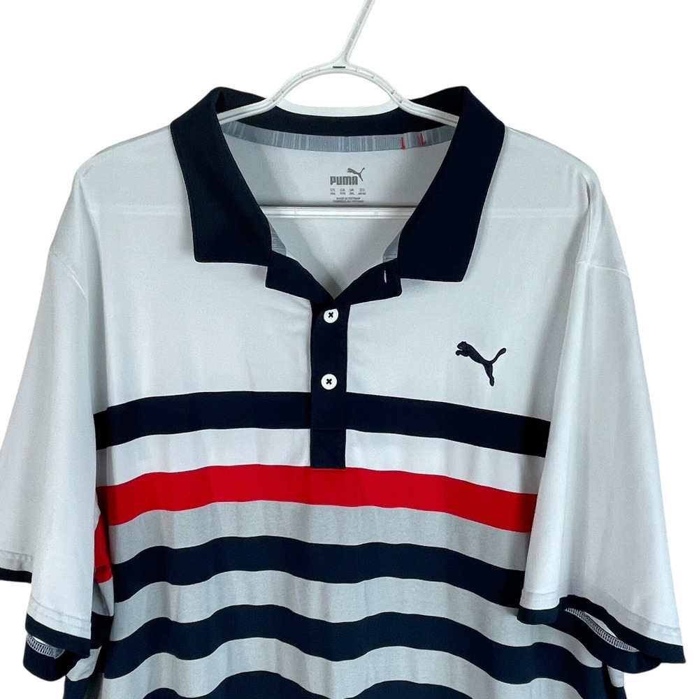 Puma Mens Golf Polo Shirt 2XL Red White Blue Striped Stretch Wicking Quick Dry